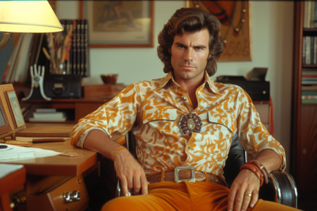 A man dressed in a groovy 1970s outfit, sitting in a chair in front of a desk.の素材