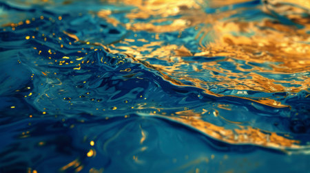 Blue waves sweep gently over a close-up of radiant water, with subtle hints of gold.の素材
