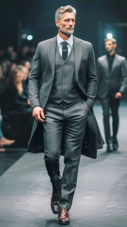 A man in a suit captivates onlookers as he confidently strides down the runway.の素材