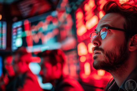 A man wearing glasses looks up in a dimly lit room.の素材