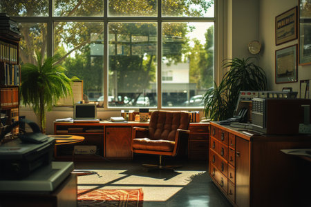 A contemporary living room with a comfortable couch, armchair, functional desk, and a stylish bookshelf.の素材