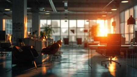 An office filled with numerous chairs and desks arranged in an open concept layout, featuring modern, high-tech furnishings.の素材