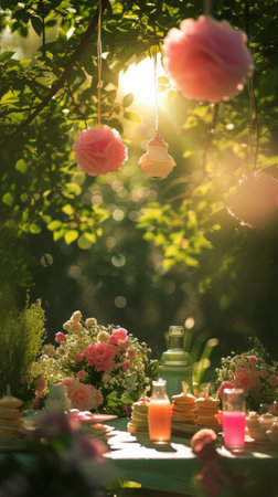 A table set with an assortment of food items for an outdoor baby shower in a floral garden.の素材