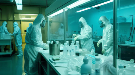 A diverse group of individuals wearing white lab suits and engaged in scientific activities in a laboratory.の素材
