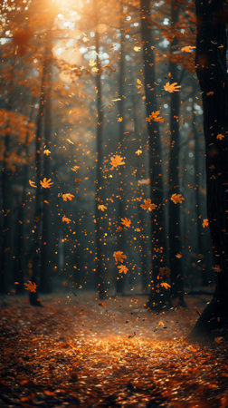 In this photo, a forest teems with countless leaves swirling and soaring through the air, creating a dynamic and vibrant scene.の素材