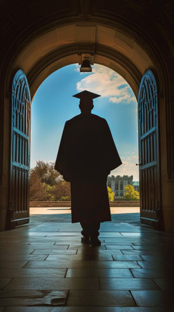 A person wearing a graduation gown walks confidently into a building.の素材