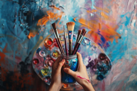 A person holds a jar filled with various paintbrushes, ready for a creative session.の素材