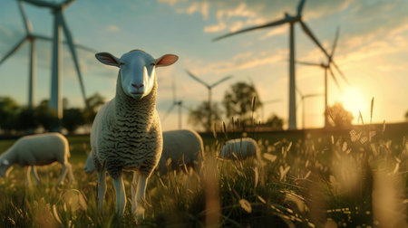 A group of sheep stands together on a vibrant green field.の素材