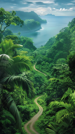 This photo depicts a painting featuring a road cutting through the dense foliage of a jungle.の素材
