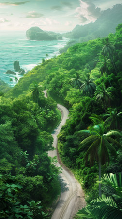 A painting capturing a scenic winding road cutting through the dense vegetation of a vibrant jungle.の素材