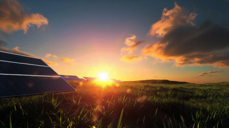 A photo capturing a solar panel amidst a grassy field as the sun sets.の素材