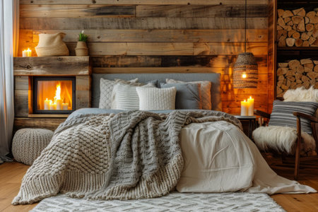 An expansive bedroom showing a comfortable bed, a cozy chair, and a beautiful fireplace.の素材