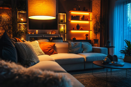 This photo features a spacious living room filled with various furniture pieces, including sofas, chairs, tables, and a notable large window that fills the room with natural light.の素材