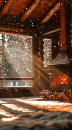 A spacious living room featuring a centrally located fireplace as the main focal point, surrounded by comfortable seating and decor.の素材