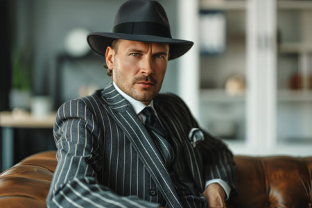 A man wearing a suit and hat sitting comfortably on a couch.の素材