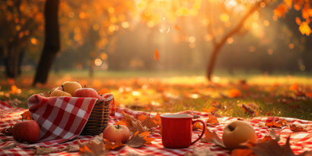 A picnic blanket is laid out with a bunch of red apples and a mug sitting on top of it.の素材
