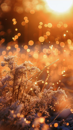 The sun casts a radiant light over a vast expanse of green grassy field on a clear day.の素材