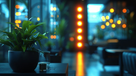 A potted plant sits on top of a table in a futuristic office lounge area with high-tech design.の素材