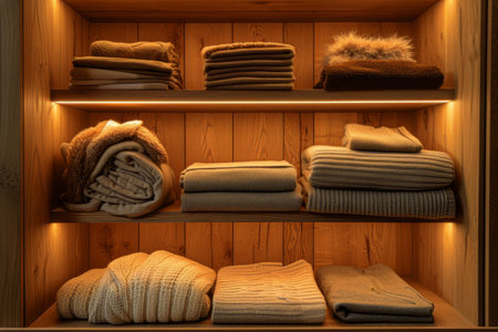 A wooden shelf is filled with a variety of blankets and throws in different colors and patterns.の素材