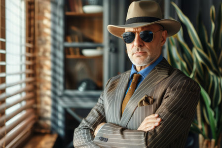 A professional man dressed in a suit and hat stands confidently with his arms crossed.の素材