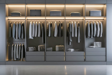 A spacious walk-in closet with shelves, racks, and drawers overflowing with a wide variety of clothes.の素材