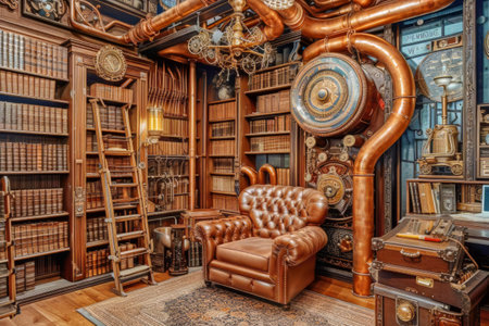 A room with a leather chair surrounded by an abundance of books arranged on shelves.の素材