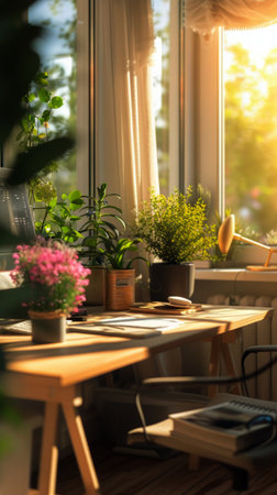 A room featuring a table, chairs, plants, and a window, creating a functional and bright space.の素材