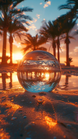 A crystal ball resting on a sandy beach, reflecting the surrounding scenery and capturing the essence of the seaside environment.の素材