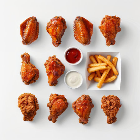 A meal of crispy chicken wings, golden French fries, and a side of ketchup neatly arranged on a clean white surface.の素材