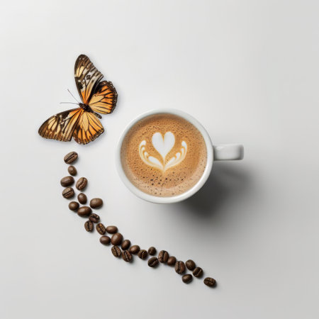 A cup of coffee with a delicate butterfly perched on top, creating a unique and intriguing scene. The contrast between the warm drink and the fluttering insect adds visual interest.の素材