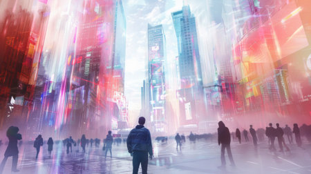 A group of individuals are standing on a city street lined with towering skyscrapers. The scene captures the urban environment with people interacting and traffic passing by.の素材