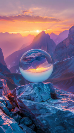 A glass ball is placed on top of a mountain, reflecting the surrounding landscape. The ball stands out against the rocky terrain with the vast expanse of the mountain range in the background.の素材