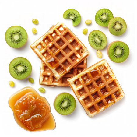 Three golden waffles topped with fresh kiwi slices and a drizzle of jelly on a white plate. The colorful fruits contrast beautifully with the crispy waffles and sweet jelly.の素材