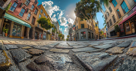 A wide-angle view of a street in Los Angeles lined with tall buildings and palm trees under a bright sky.の素材