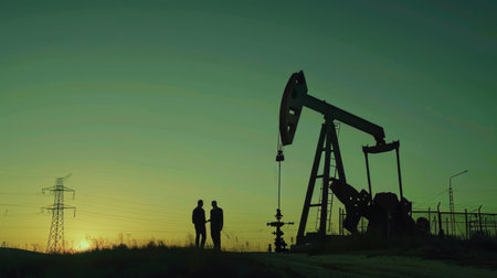 Two engineers are seen standing next to an oil pump, inspecting and maintaining the equipment in an industrial setting. They are wearing work gear and seem focused on their task.の素材