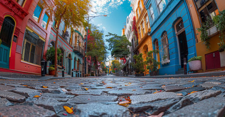 A cobblestone street lined with vibrant, colorful buildings on both sides. The architecture ranges from traditional to modern, creating a picturesque urban scene. The cobblestones add a historical charm to the bustling cityscape.の素材