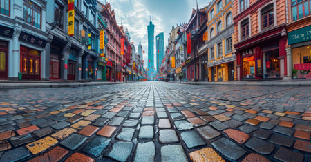 A wide angle view of a cobblestone street in a European city, showing the traditional architecture and historic charm of the area. The empty street is lined with old buildings and quaint shops, giving a glimpse into the citys rich history.の素材
