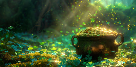 A pot full of gold coins sits in the middle of a lush forest. The treasure gleams in the sunlight, casting a golden hue on the surrounding trees and foliage.の素材