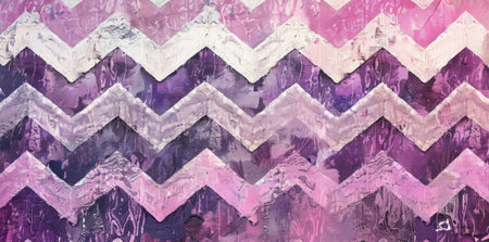 A painting featuring a chevroned pattern in shades of pink and purple. The design consists of repeated V-shaped motifs creating a dynamic and modern aesthetic.の素材