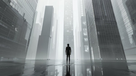 A man is seen standing upright in the middle of a bustling city. Skyscrapers, cars, and pedestrians surround him as he observes his urban surroundings.の素材