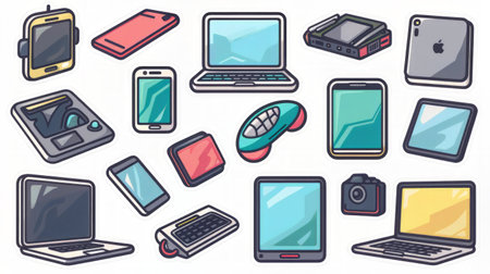 A collection of various electronic devices, including smartphones, laptops, tablets, smartwatches, and cameras, displayed together. Each device showcases modern technology and sleek design.の素材