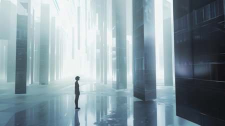 A person stands in a spacious room filled with massive columns. The architecture is grand and imposing, showing a sense of scale and elegance. The individual is dwarfed by the towering pillars, creating a striking contrast.の素材
