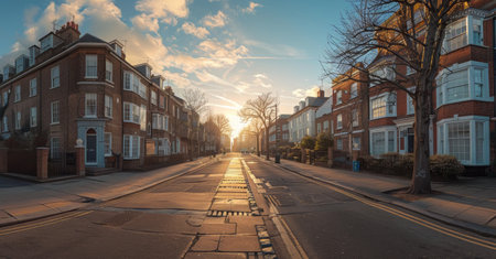 The sun is setting in a sky streaked with orange and pink hues, casting a warm glow over a residential street flanked by houses. Shadows lengthen as the day draws to a close, creating a peaceful atmosphere.の素材