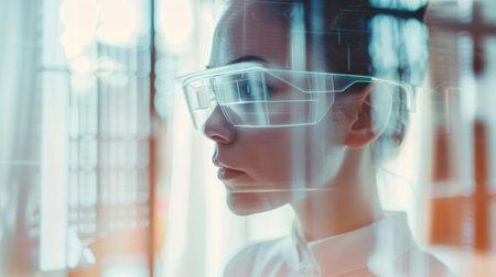 A woman wearing glasses is standing by a window and looking outside. She appears to be focused on the view beyond the glass, with a thoughtful expression on her face.の素材