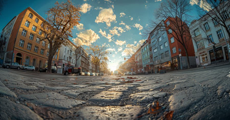 The sun shines through the clouds over a city street in Berlin, casting a warm light on the urban landscape. Buildings, sidewalks, and parked cars are visible under the dramatic sky.の素材