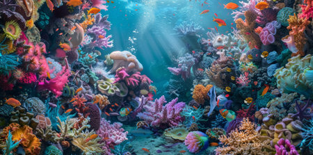 A vibrant and lively coral reef filled with an array of colorful fish swimming amongst the corals. The underwater scene is bustling with activity as various species of fish dart in and out of the reef.の素材