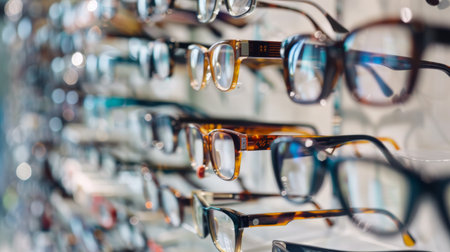 A collection of various glasses neatly displayed on a wall inside a store. The glasses are arranged in an organized manner, showing different styles and designs for customers to choose from.の素材