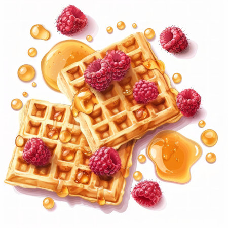 Two golden waffles topped with syrup and fresh raspberries arranged neatly on a clean white background.の素材