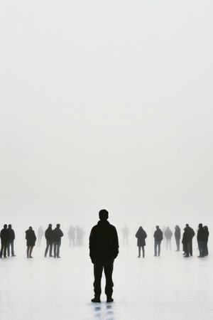 A group of individuals is standing together in a misty field, surrounded by thick fog. The figures are barely visible, creating an eerie atmosphere.の素材