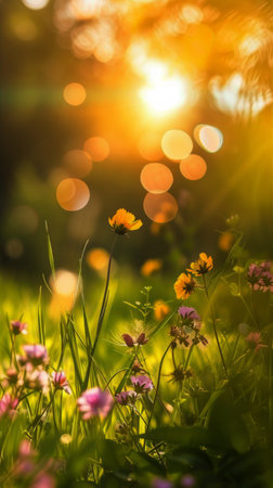 A field of colorful flowers is illuminated by the sun, creating a warm and vibrant scene. The sun is setting in the background, casting a golden glow over the meadow.の素材